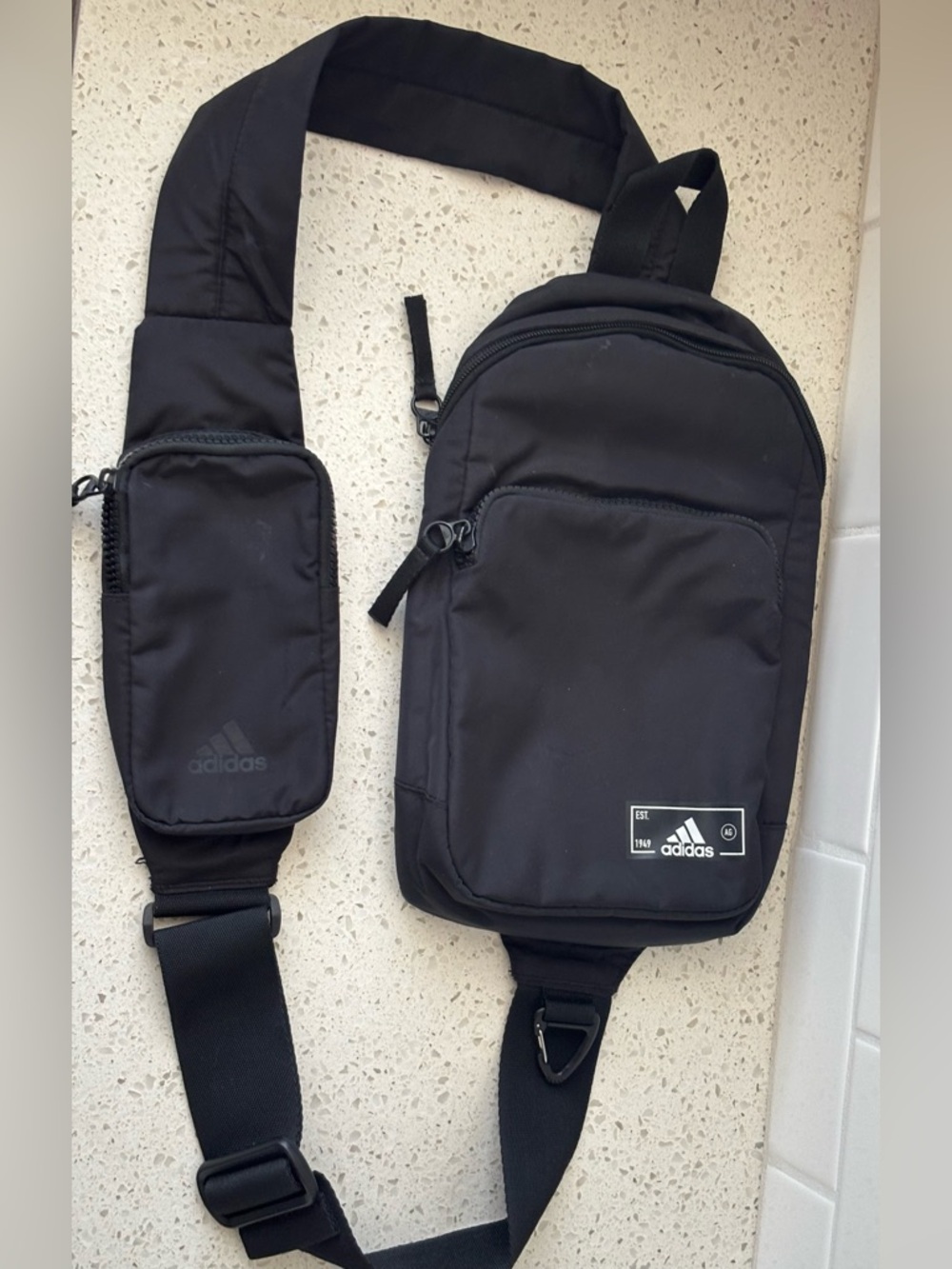 adidas Black Sling Belt Bag with Front Pocket and phone pocket on strap